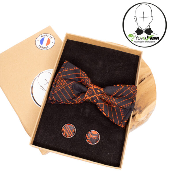 Nœud papillon wax  + Boutons de manchettes- coffret /noir orange /n.16