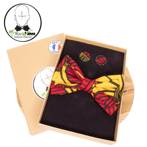 Nœud papillon wax  + Boutons de manchettes- coffret / Fleurs de mariage /rouge jaune /n.6