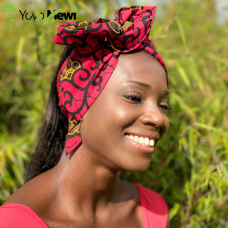 Turban Headband rigide en wax / accessoire cheveux /noir bordeaux  / Duo boucles d'oreilles rouge et noir /n°3