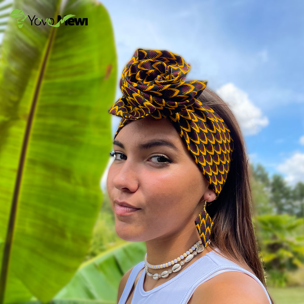 Turban Headband rigide en tissu wax écaille de poisson, accessoire cheveux, noir jaune,  Duo boucles d'oreilles  /n°5